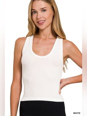Zenana Outfitters White Ribbed Scoop Neck Tank Top
